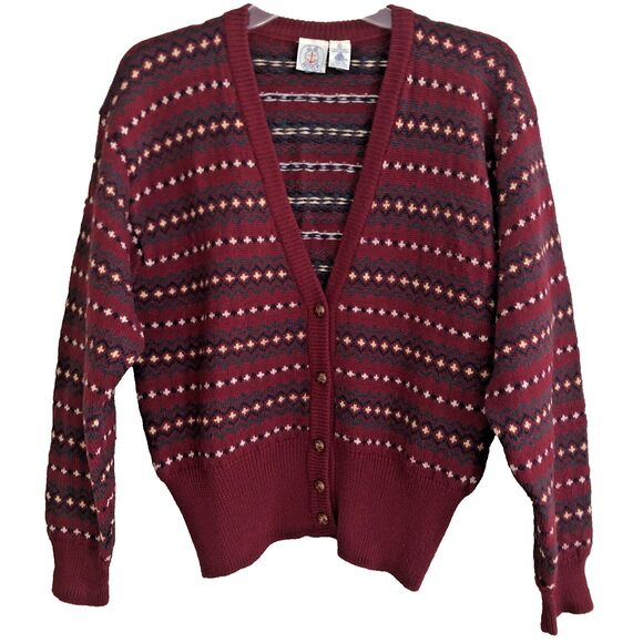 JG Hook 100% Wool Cardigan Sweater Womens Size M VTG 70s Birdseye Burgundy FLAWS - Picture 1 of 16